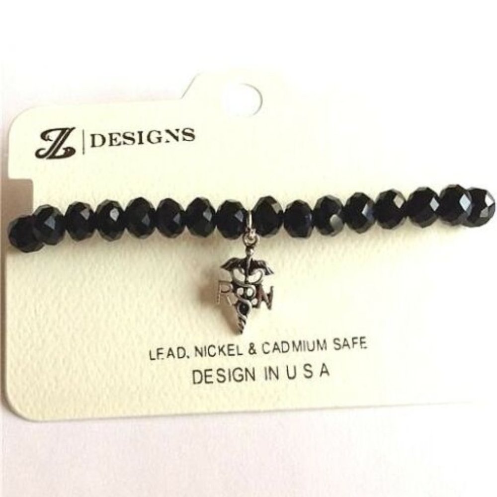 Nurse RN Nursing Caduceus Charm Bracelet Black
